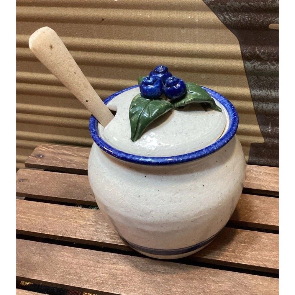 Hand Painted Blueberry Design Stoneware Jelly Crock Pottery Joel ME93 Signed